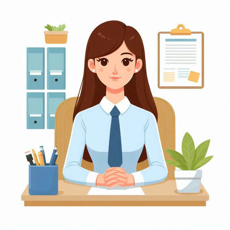 Young businesswoman sitting at her desk in office. Vector illustration.のイラスト素材