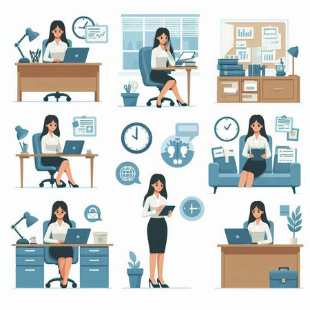 Office life and work set with businesswoman. Vector illustration in flat styleのイラスト素材