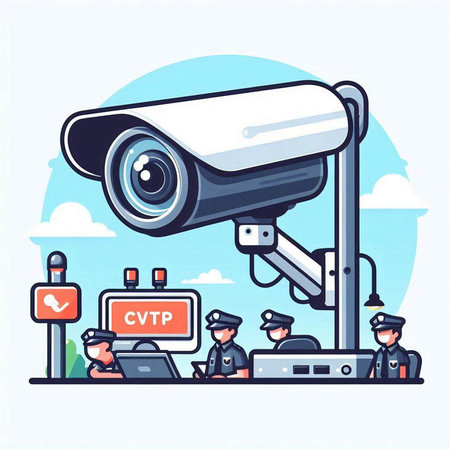 CCTV security camera and police officer. Vector illustration in flat styleのイラスト素材