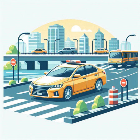 Taxi on the city street. Vector illustration in flat style.のイラスト素材