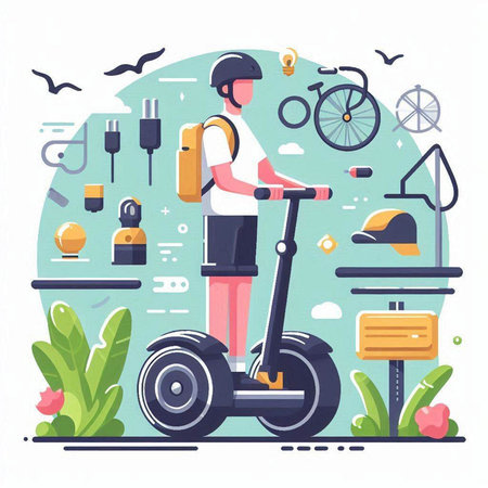 Man riding electric scooter. Vector illustration in flat cartoon style.のイラスト素材