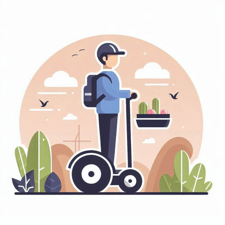 Vector illustration of a man riding a scooter in the park.のイラスト素材