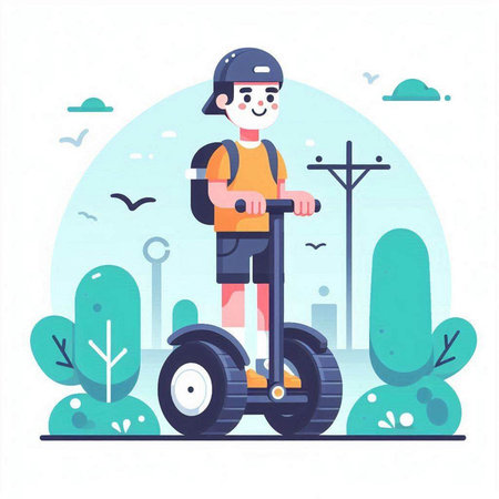 Young man riding electric scooter in the park. Flat vector illustration.のイラスト素材