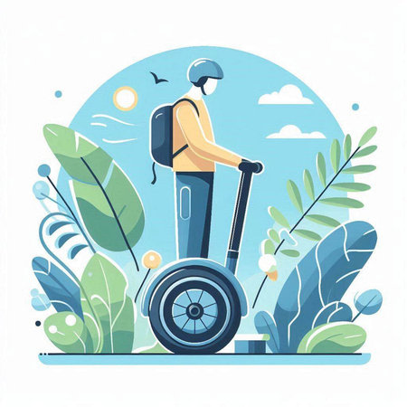 Man riding on electric scooter in the park. Vector illustration.のイラスト素材