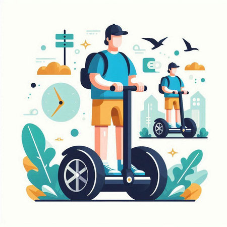 Eco transport concept. People riding electric scooter. Vector illustrationのイラスト素材