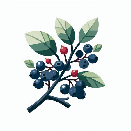 Blueberry branch with berries and leaves isolated on white background. Vector illustration.のイラスト素材
