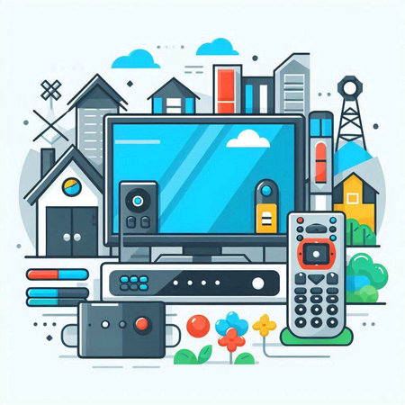 Vector illustration of modern flat line design concept of home entertainment. Colorful illustration for web and print.のイラスト素材