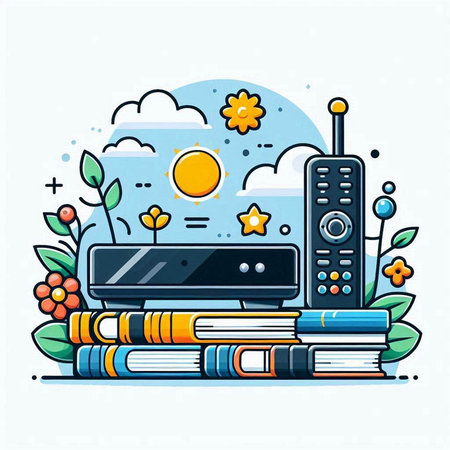 Vector illustration of a flat line art design of a book, computer, radio and sunのイラスト素材