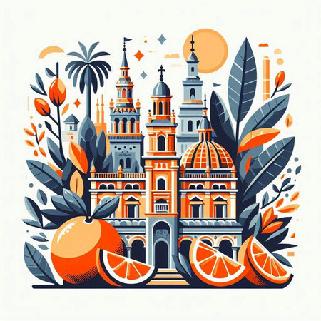 Vector illustration of a colorful cityscape with a lot of buildings, palm trees and oranges.のイラスト素材