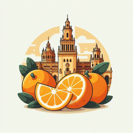 Tangerines and Cathedral of Seville, Spain. Vector illustrationのイラスト素材