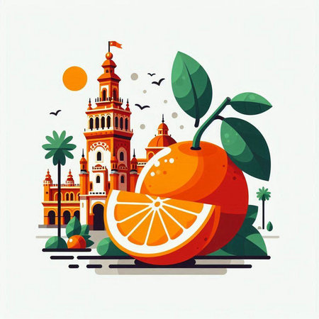 Tangerine and mosque on a white background. Vector illustration.のイラスト素材