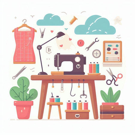 Sewing workshop. Sewing machine, tools and accessories. Vector illustrationのイラスト素材
