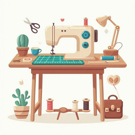 Sewing workshop. Sewing machine and accessories. Vector illustration.のイラスト素材