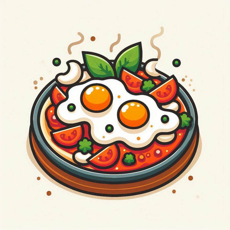 Fried eggs in a frying pan with tomato and basil. Vector illustration.のイラスト素材