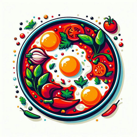 Vector illustration of fried eggs with vegetables and herbs on a plate.のイラスト素材
