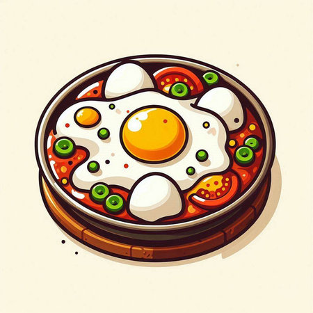 Illustration of fried eggs in a round plate. Vector illustration.のイラスト素材