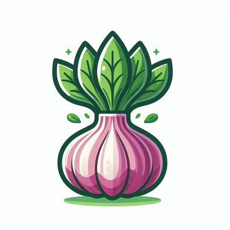 Garlic with leaves on white background. Vector illustration in cartoon style.のイラスト素材