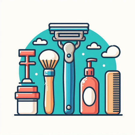 Shaving tools and equipment. Vector illustration in thin line style.のイラスト素材