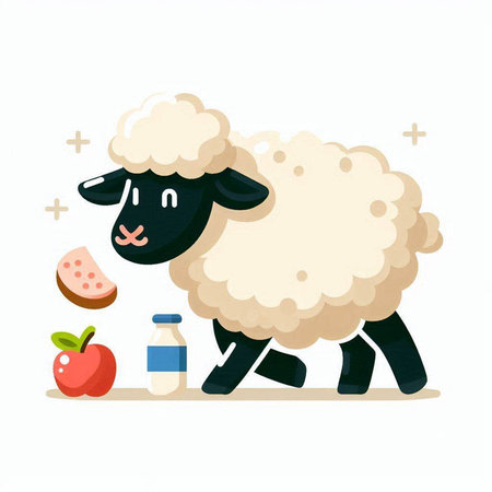 Sheep with milk and apple. Cute cartoon vector illustration.のイラスト素材