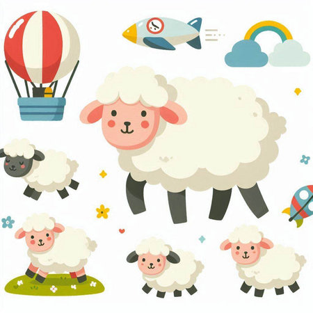 Set of different kind of sheep and hot air balloon. Vector illustration.のイラスト素材