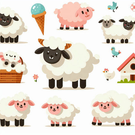 cartoon sheeps and farm animals in different poses. vector illustrationのイラスト素材
