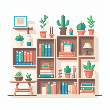 Bookshelf with books and plants. Vector illustration in flat styleのイラスト素材
