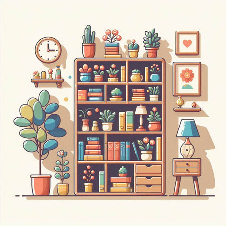 Vector illustration of a shelf with books, plants and decorations. Flat style.のイラスト素材