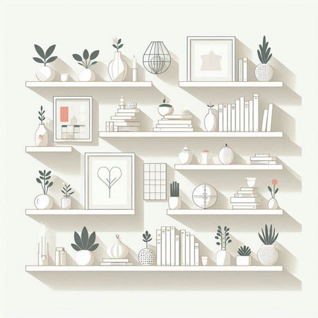 Shelves with books and decorations. Vector illustration in flat styleのイラスト素材