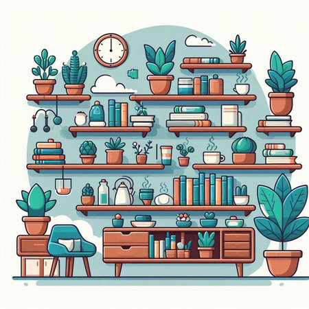 Shelves with books and plants. Vector illustration in flat styleのイラスト素材