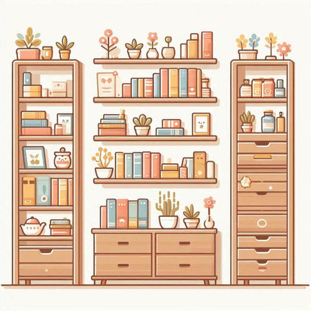 Wooden shelves with books and home related objects. Vector illustration.のイラスト素材