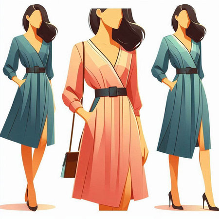 Fashionable women's clothing set. Vector illustration of a beautiful girl in a dress.のイラスト素材