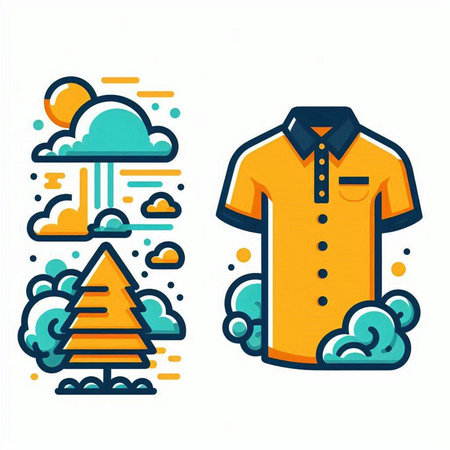 Vector illustration of yellow polo shirt and pine tree in clouds. Flat line art style.のイラスト素材