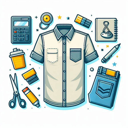 Vector illustration of a set of stationery items. Shirts, pens, pencils, notepads, scissors, calculator, eraser, sharpener, notebook, eraser, eraser.のイラスト素材