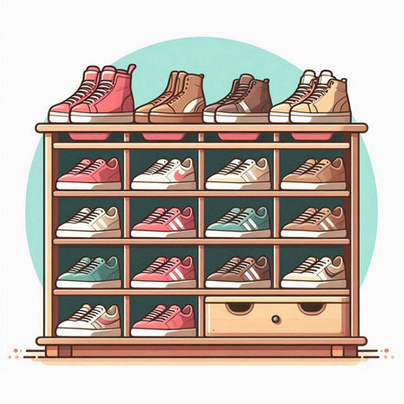 Illustration of shoes on shelves in store. Hand drawn vector illustration.のイラスト素材