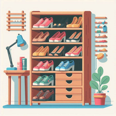 Vector illustration of a shoe store in flat style with shelves and shelvesのイラスト素材