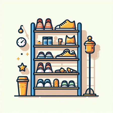 Shelves with shoes and accessories. Vector illustration in linear styleのイラスト素材