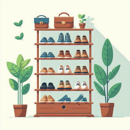 Vector illustration of a shoe store shelf with shoes, bag and plantsのイラスト素材
