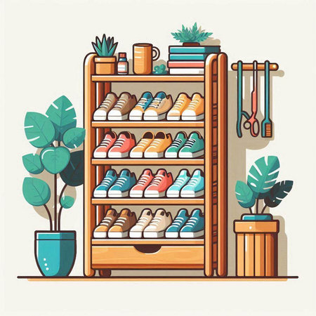 Shelves with shoes and accessories. Vector illustration in flat styleのイラスト素材