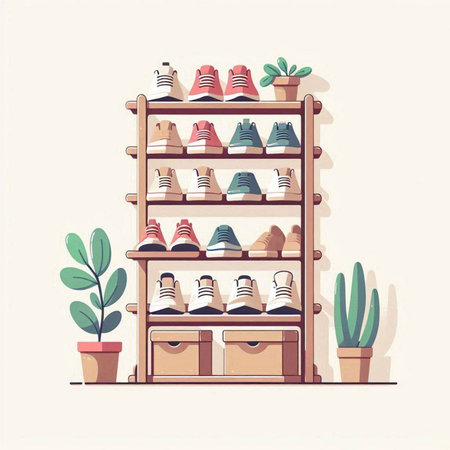 Shelves with different shoes. Vector illustration in flat style.のイラスト素材
