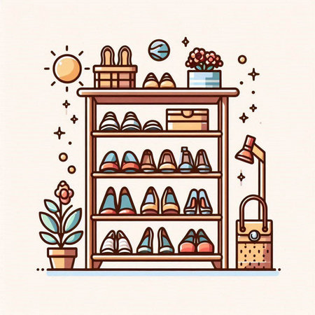 Vector illustration of a shelf with different shoes and accessories. Shop, store.のイラスト素材