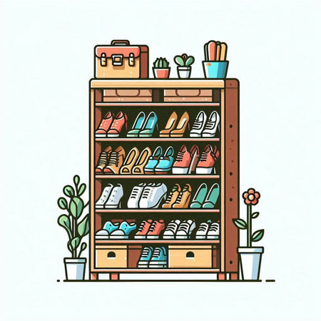 Shelves with shoes and accessories. Vector illustration in doodle styleのイラスト素材