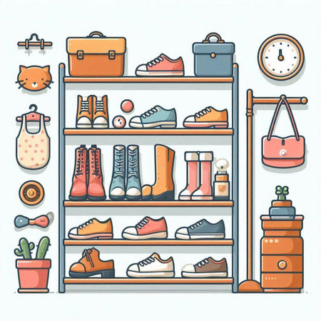 Shelves with different shoes and accessories. Vector illustration in flat styleのイラスト素材