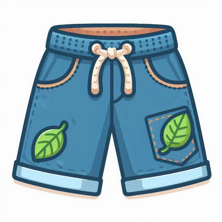 Denim shorts with leaves isolated on white background. Vector illustration.のイラスト素材