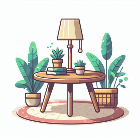 Vector illustration of cozy living room with furniture and houseplants.のイラスト素材