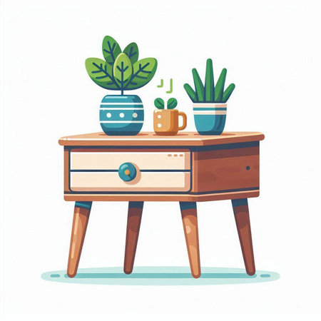 Vector illustration of a wooden table with a cup of coffee and houseplants.のイラスト素材