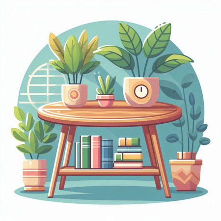 Bookshelf with books, candles and potted plants. Vector illustration.のイラスト素材