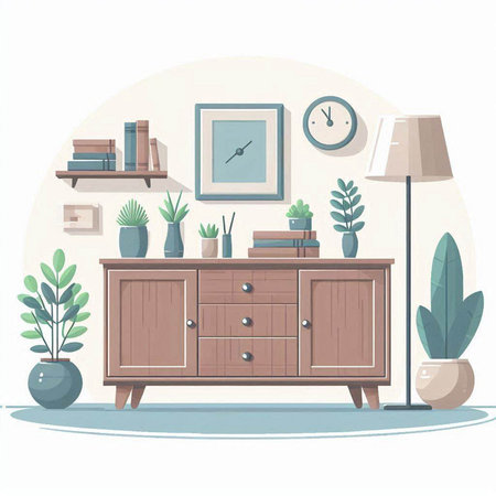 Living room interior with furniture and plants. Flat style vector illustration.のイラスト素材