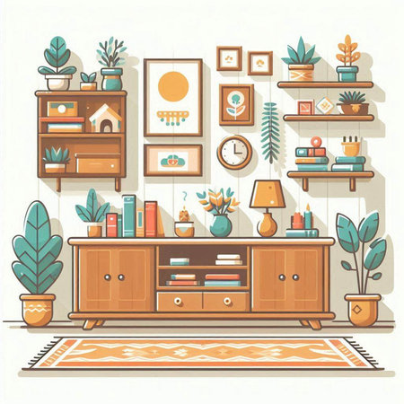 Living room interior with furniture, bookshelves and plants. Vector illustration.のイラスト素材