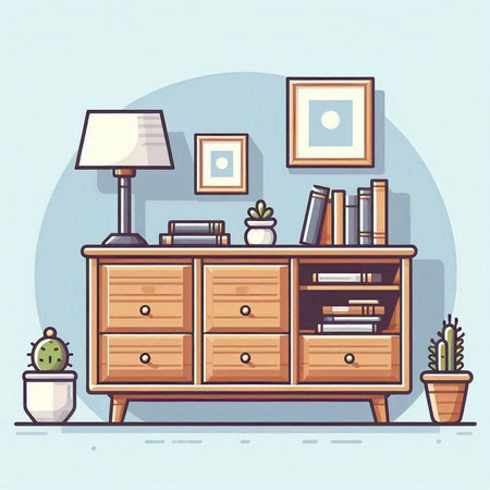 Vector illustration of a living room interior with a chest of drawers, a lamp and a picture frame.のイラスト素材