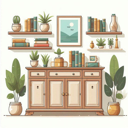 Illustration of a shelf with books and plants. Vector illustration.のイラスト素材